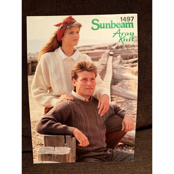 New Sunbeam Aran Knit 1497 His Hers Diamond Moss Stitch Sweater Knitting Pattern - Picture 2 of 3